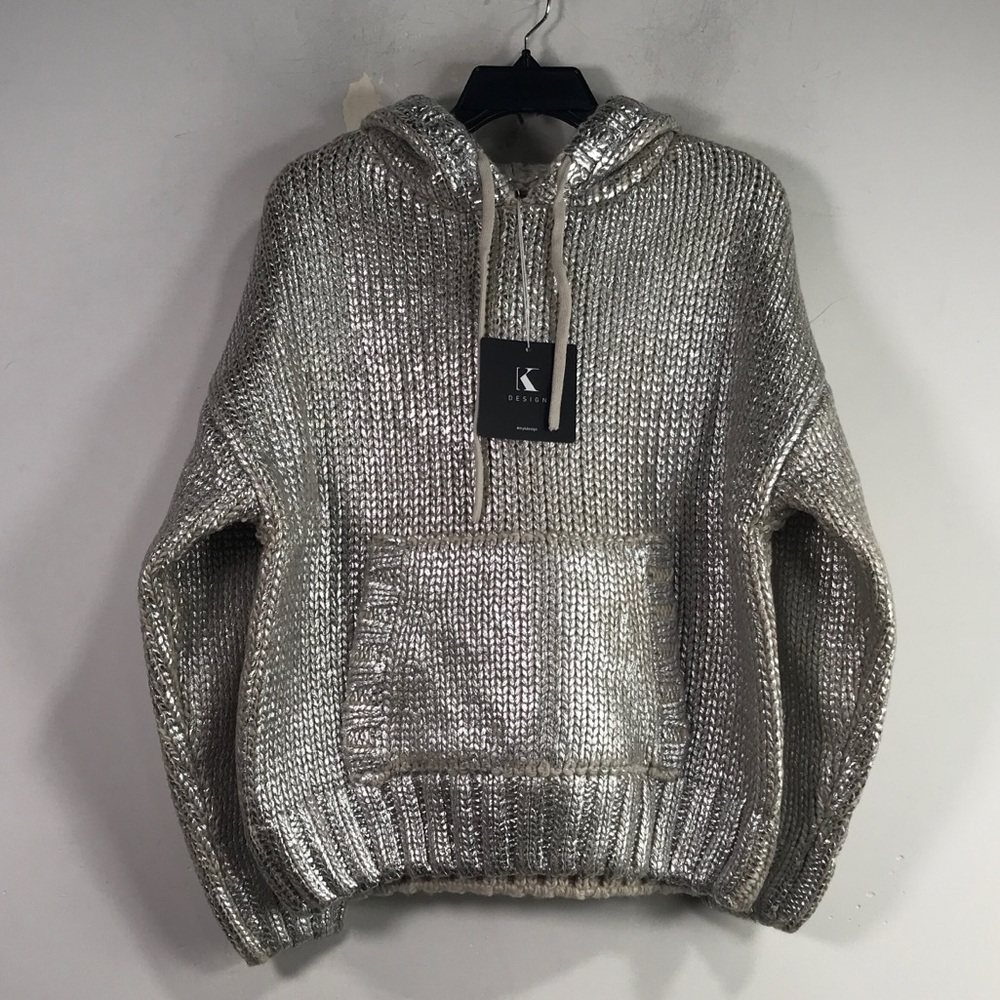K Design Chic Metallic Knitted Hooded Sweater, Women's Size S - Silver